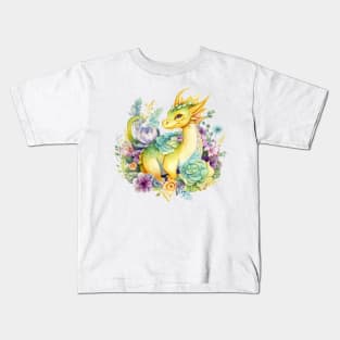 Cute Spring Flower Dragon Watercolor Kids T-Shirt